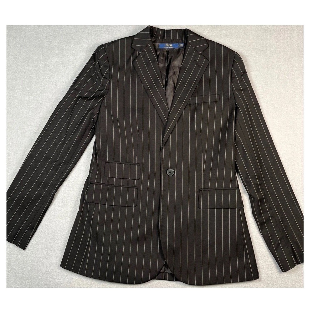 Polo Ralph Lauren Women 2 Blazer 34R Black Pinstripe Wool Sport coat Suit Jacket
